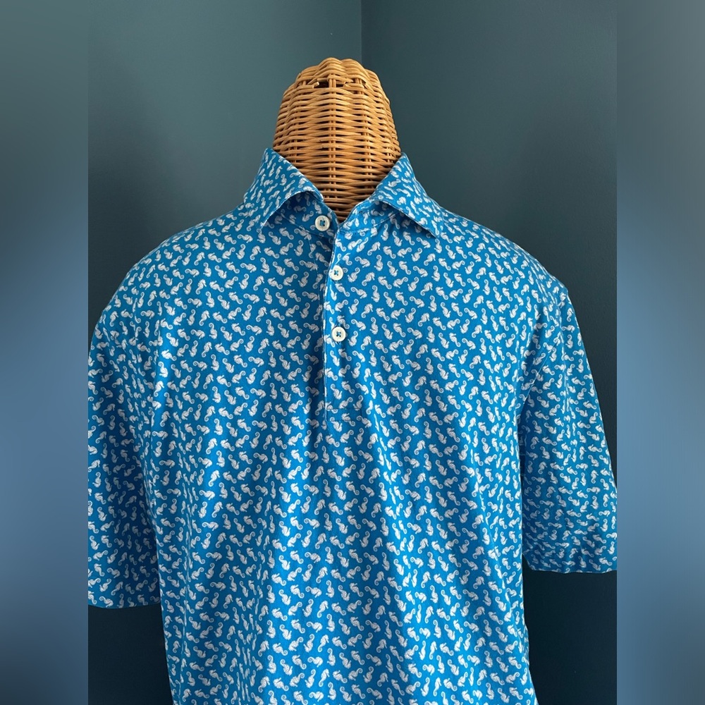 Cremieux Classics Men’s Short Sleeve Polo Shirt Blue White Seahorse Cotton M